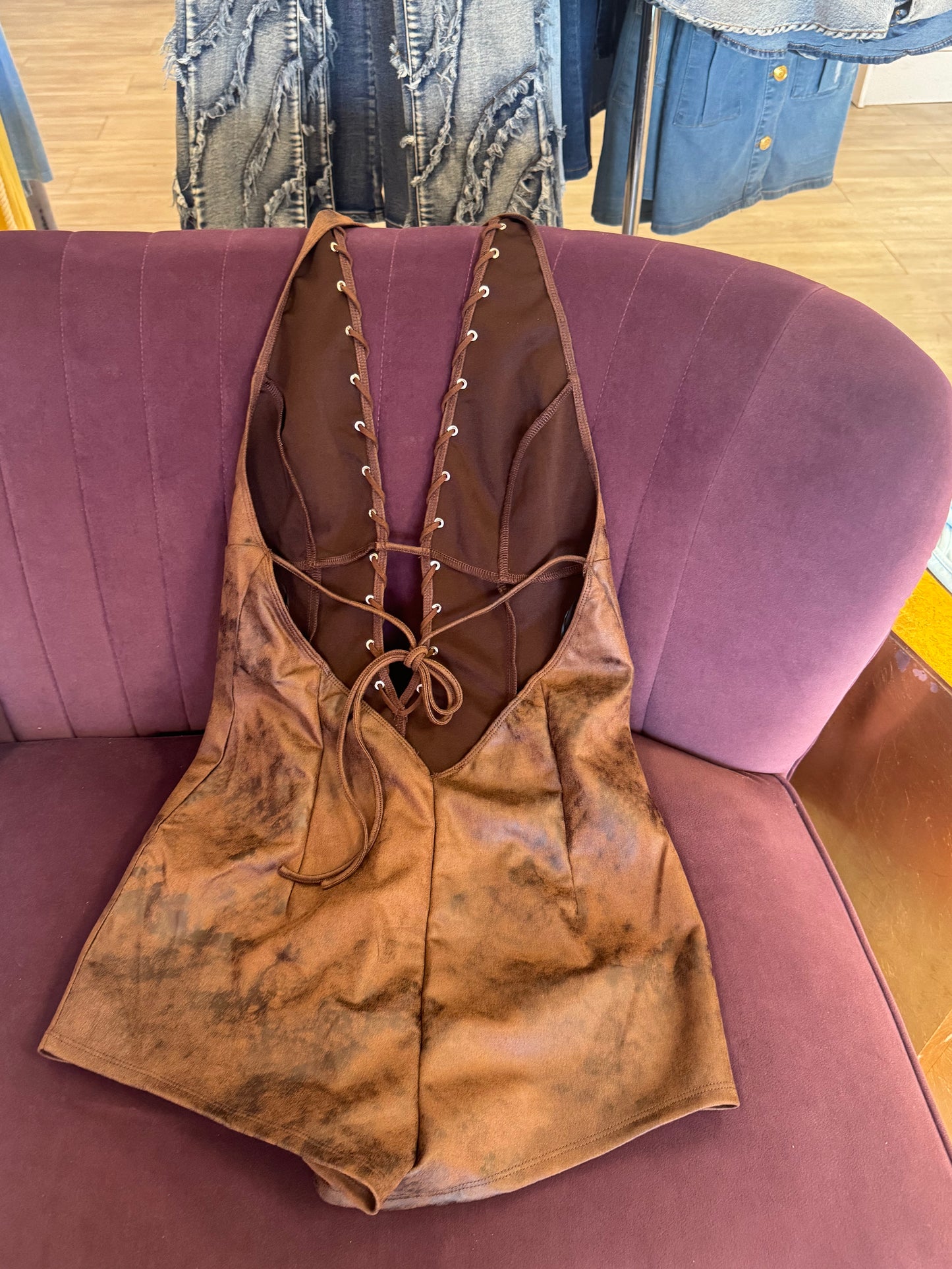 “Mocha Muse” Suede Halter Romper