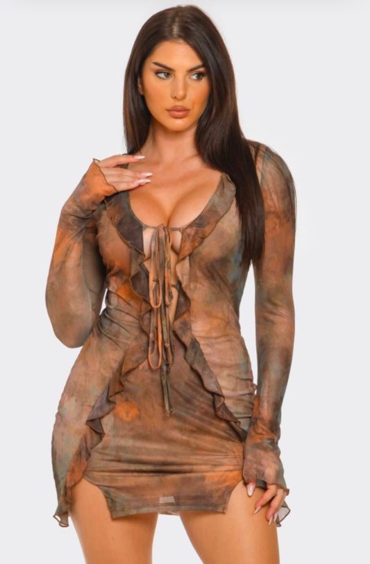 “Autumn Aura” Mesh Ruffle Mini Dress