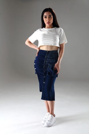 “Cargo Curve” Denim Midi Skirt