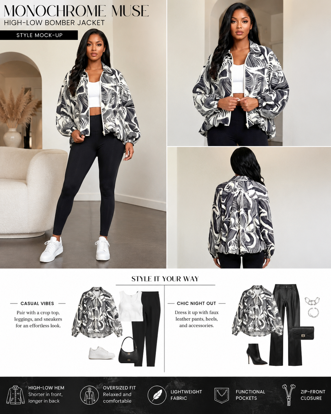 “Monochrome Muse” High-Low Bomber Jacket