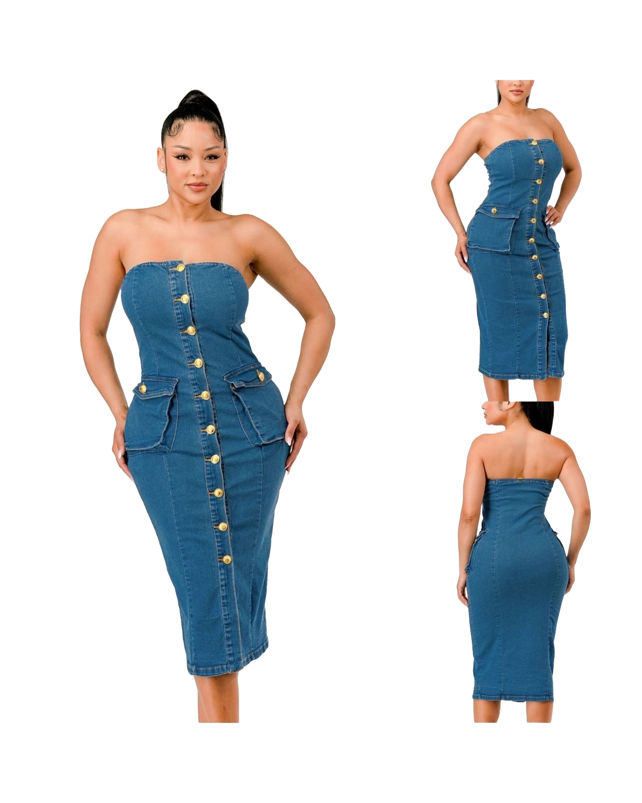 “Buttoned & Bougie” Strapless Denim Dress