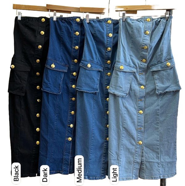“Buttoned & Bougie” Strapless Denim Dress