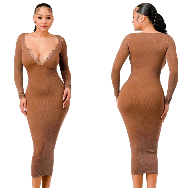 “Ribbed” Long Sleeve Midi Dress